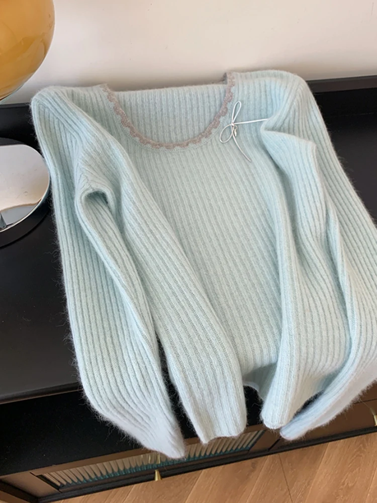 

Мягкий уютный вязаный свитер с длинным рукавом и U-образным вырезом для женщин, новинка весенней коллекции, свободный базовый слой, нежный вязаный свитер для ношения под одеждой