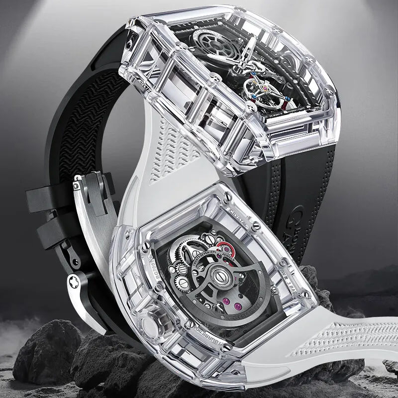BONEST GATTI Men Automatic Watch 45mm Tourbillon Tonneau Mechanical Wristwatch Acrylic Case Skeleton Dial Luminous