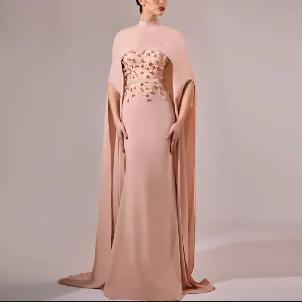 

Customized Floral Flower Evening Dresses with Cape Blush Pink Mermaid Formal Evening Gown Watteau Train Long Dress