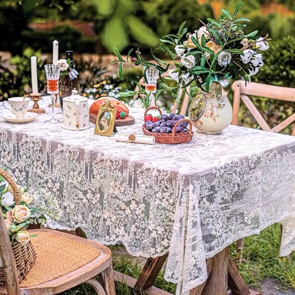 

Elegant Embroidered French Lace Tablecloth Vintage White Table Cover Organza Table Linen Afternoon Tea