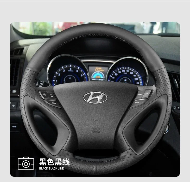 For Hyundai Sonata 8TH 2011-15 Black Leather DIY Hand Sewn Steering Wheel Cover Interior Handle Cover