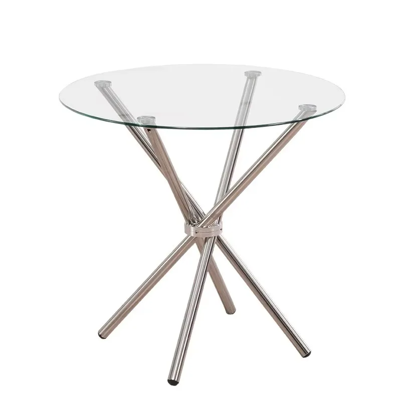 

Chrome round clear tempered glass top round dining table with silver stainless steel legs