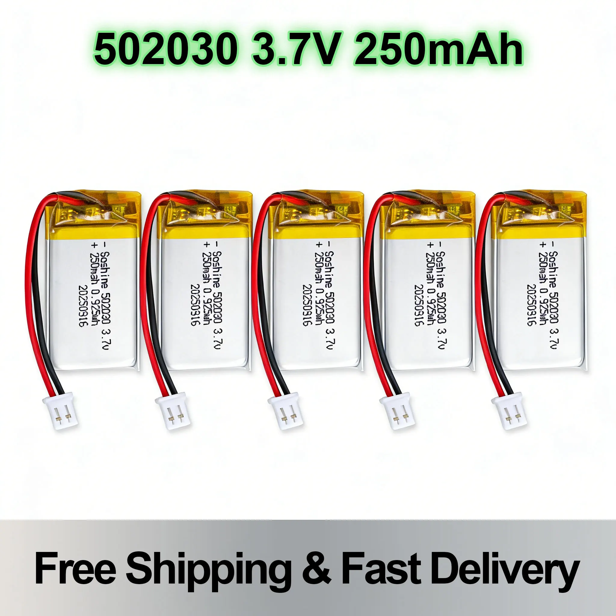 

Rechargeable 3.7V 502030 250mAh Li-Polymer Battery for Bluetooth Headset Toy Smart Watch LED Light Devices
