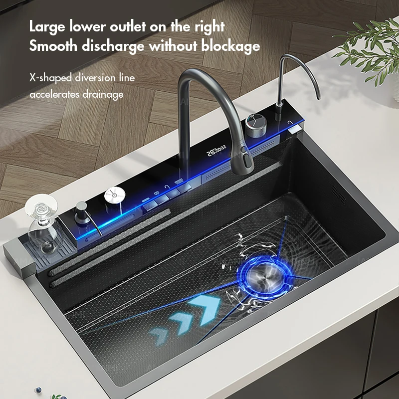 304 Stainless Steel Waterfall Large Single Slot Kitchen Sink Digital Display Faucet Set w/ Soap Dispenser & Cup Washer