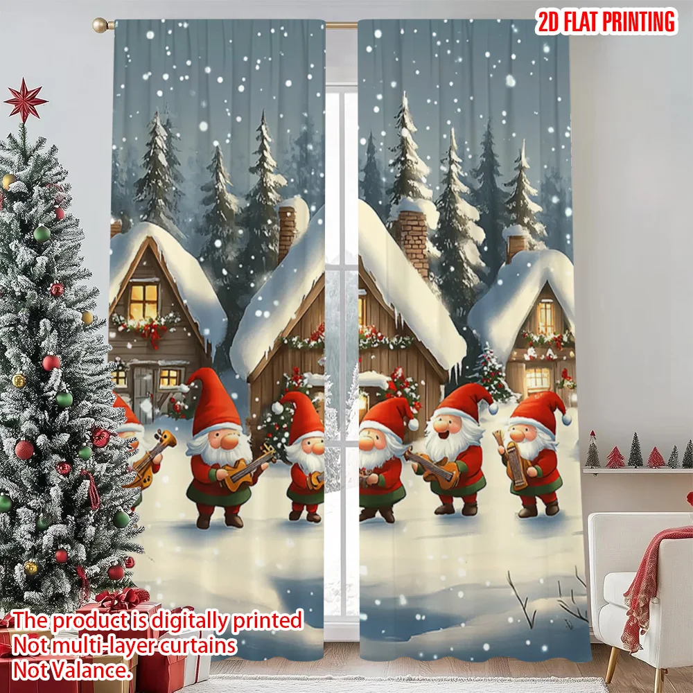 

2pcs 2D flat printing Merry Christmas Curtains Santa Claus holiday scene Polyester Without Electricity Holiday Decorations