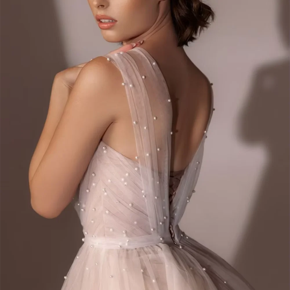 Elegant Customized Prom Dresses Tulle Beading Tank Evening Dress A Line V Neck Party Gowns Mid-calf Length Vestidos