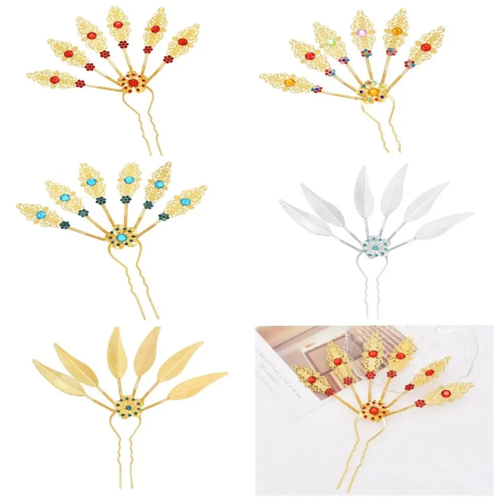 Antique Ancient Style Headwear Thai Headdress Ancient Hanfu Headwear Flower Metal Hair Sticks Crystal Leaf U Shape Hairpin Women