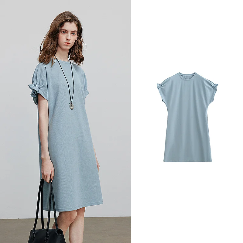 Pleated puff sleeve petite midi dress