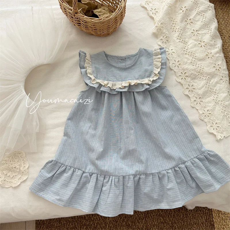 

2025 Summer New Children's Striped Splicing Lace Sleeveless Skirt Girls Baby Fresh Blue Ruffle Skirt