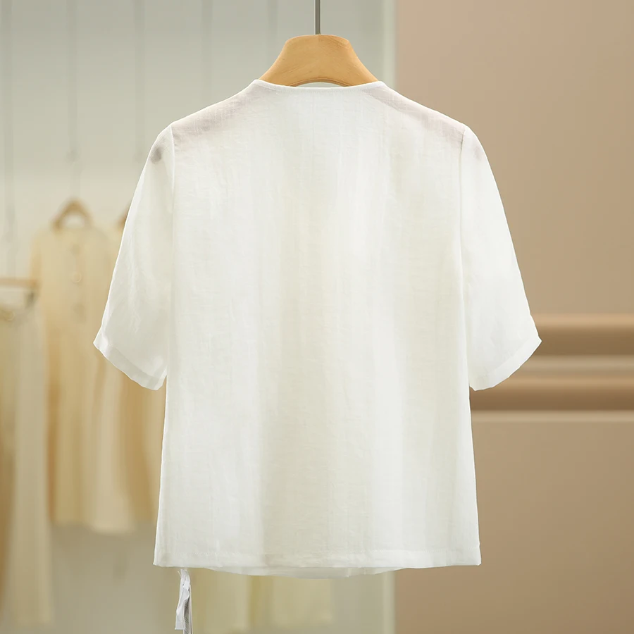 Embroidered ort Sve irt Stand Collar Double Row Pearl Buttons Korean Sle Loose Fit Commute Sle Summer New Arrival