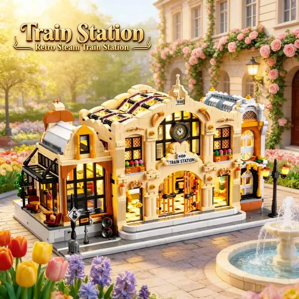 

Креативный конструктор IDEAS City с подсветкой, строительные блоки MOC, модель европейской железнодорожной станции, 3220 деталей, игрушки-головоломки, подарки на Рождество