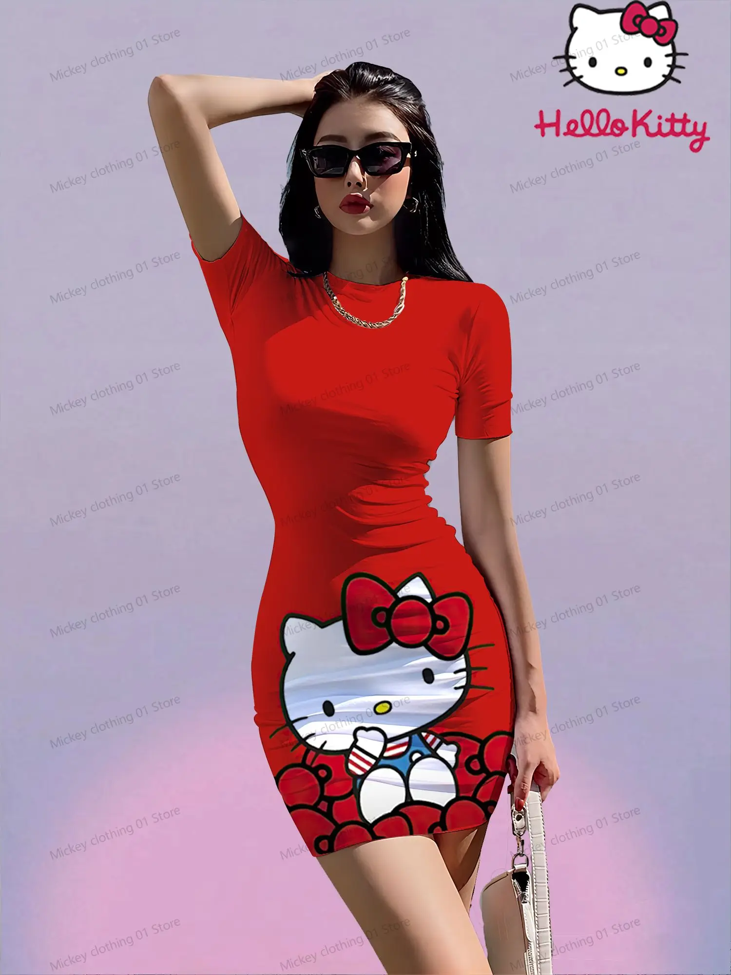 Hello Kitty Women's Short Sleeve Hip Dresses Kawaii Youthful Woman Clothes Boho 2024 O Neck S-3XL Y2k Summer Spicy Girl Dress