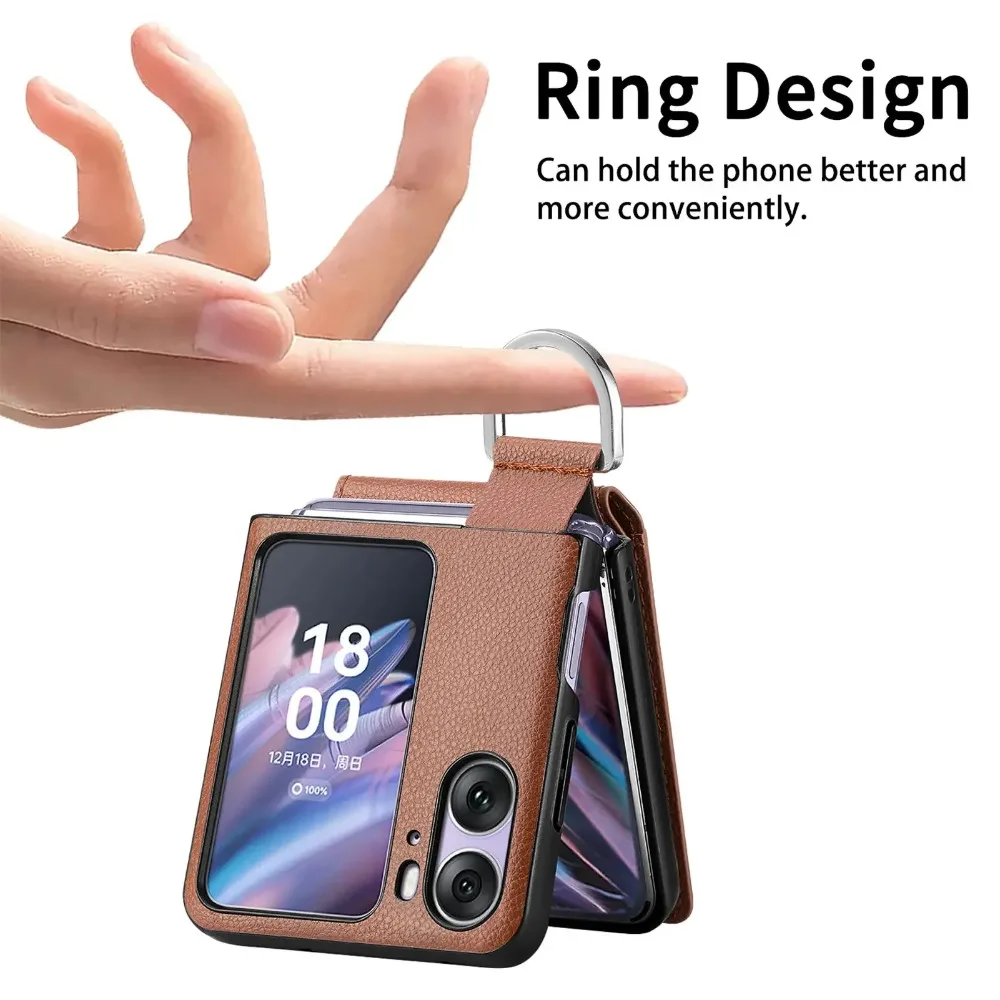 Magnetic Ring Holder Wallet Cards Solt Phone Case For OPPO Find N3 N2 Flip 5G Kickstand Vertical Litchi Pattern PU Leather Cover