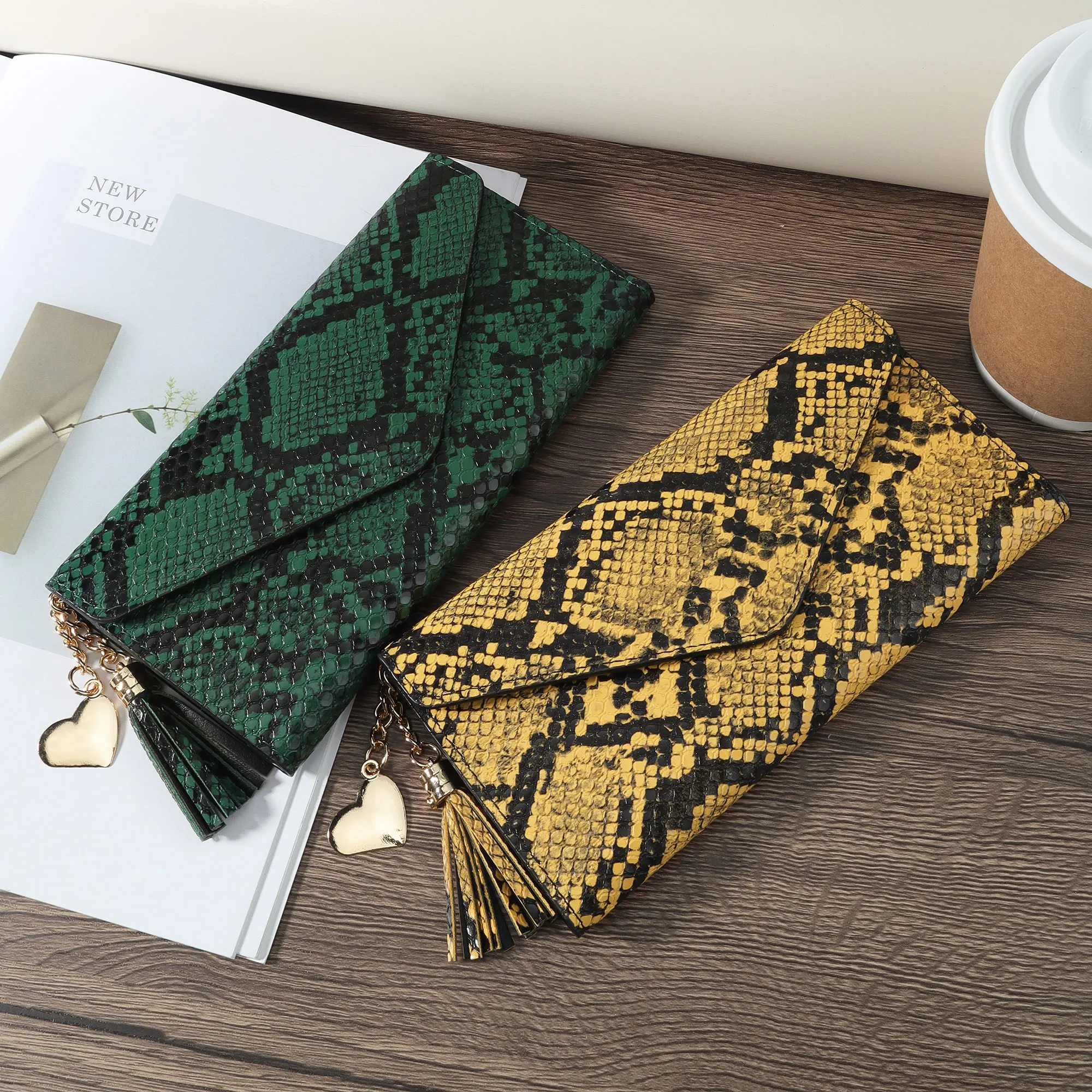 Fashionable women's long wallet, coin wallet, three fold multi card slot tassel decoration multifunctional wallet, elegant PU le