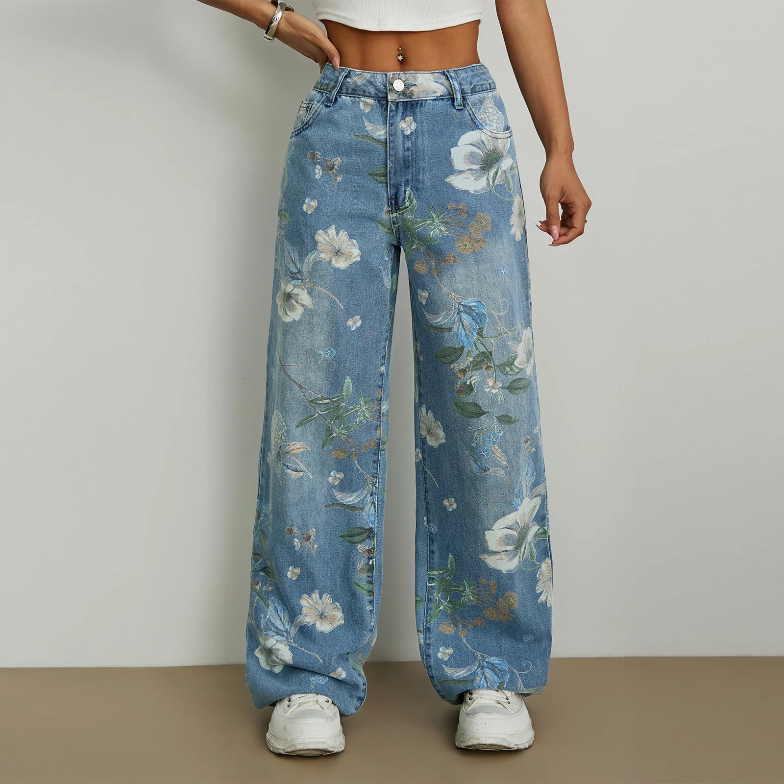 

Women's Blue Washed Floral Print Denim Baggy Pants Y2K Harajuku Lightweight Low Waist Loose Casual Wide Leg Jeans Trousers