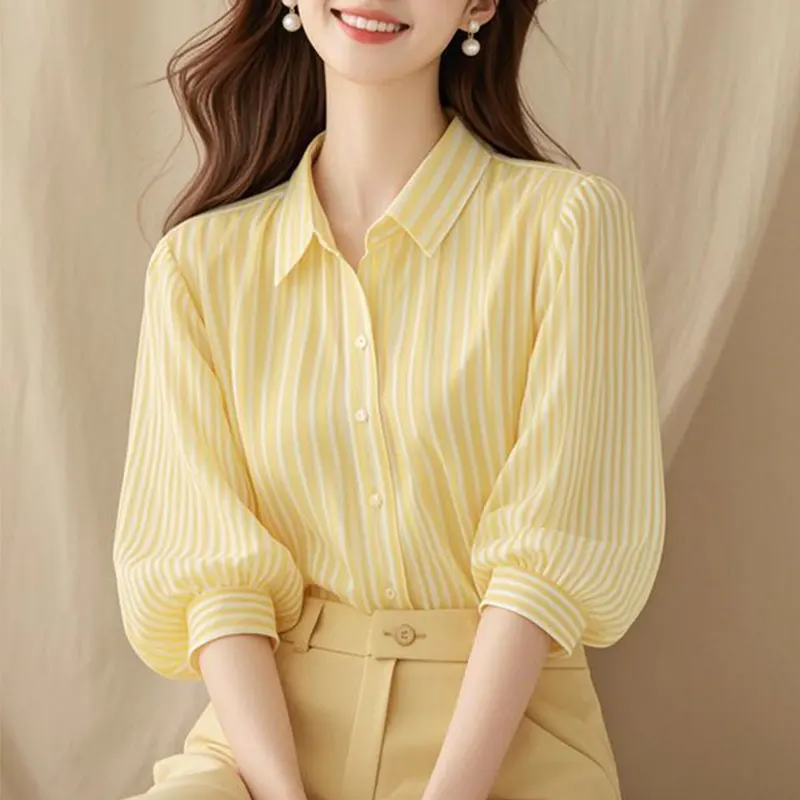 Women\'s Summer Casual Simplicity Striped Yellow Polo Collar 3/4 Sleeve Shirts Women Clothes Fashion All-match Temperament Tops