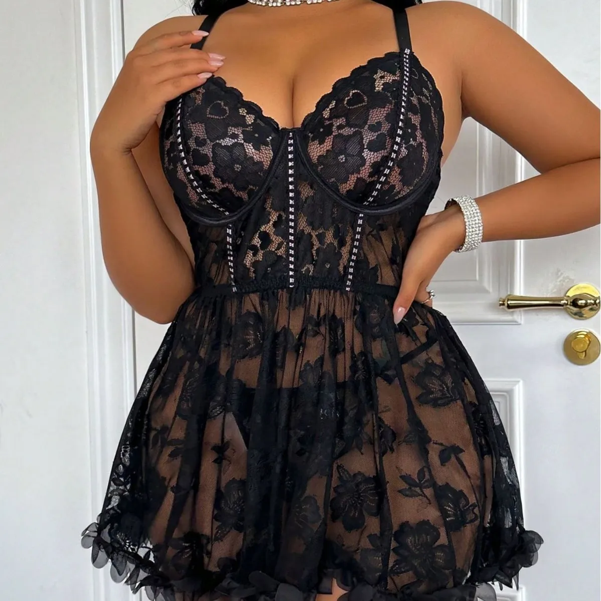 

Womens Plus Size Lace Sheer See Through Exotic Lingerie Nightgown Babydoll Nightwear Temptation Hot Sensual Complete Set