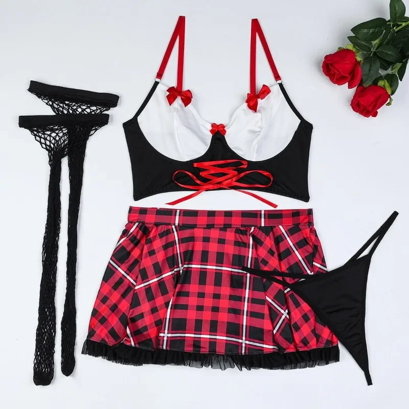 Toucheart 4 Piece Set Sexy Lingerie Suit Bow Knot Contrast Color Fishnet Stockings Uniform Set For Women Lace Ruched Skirt Suit