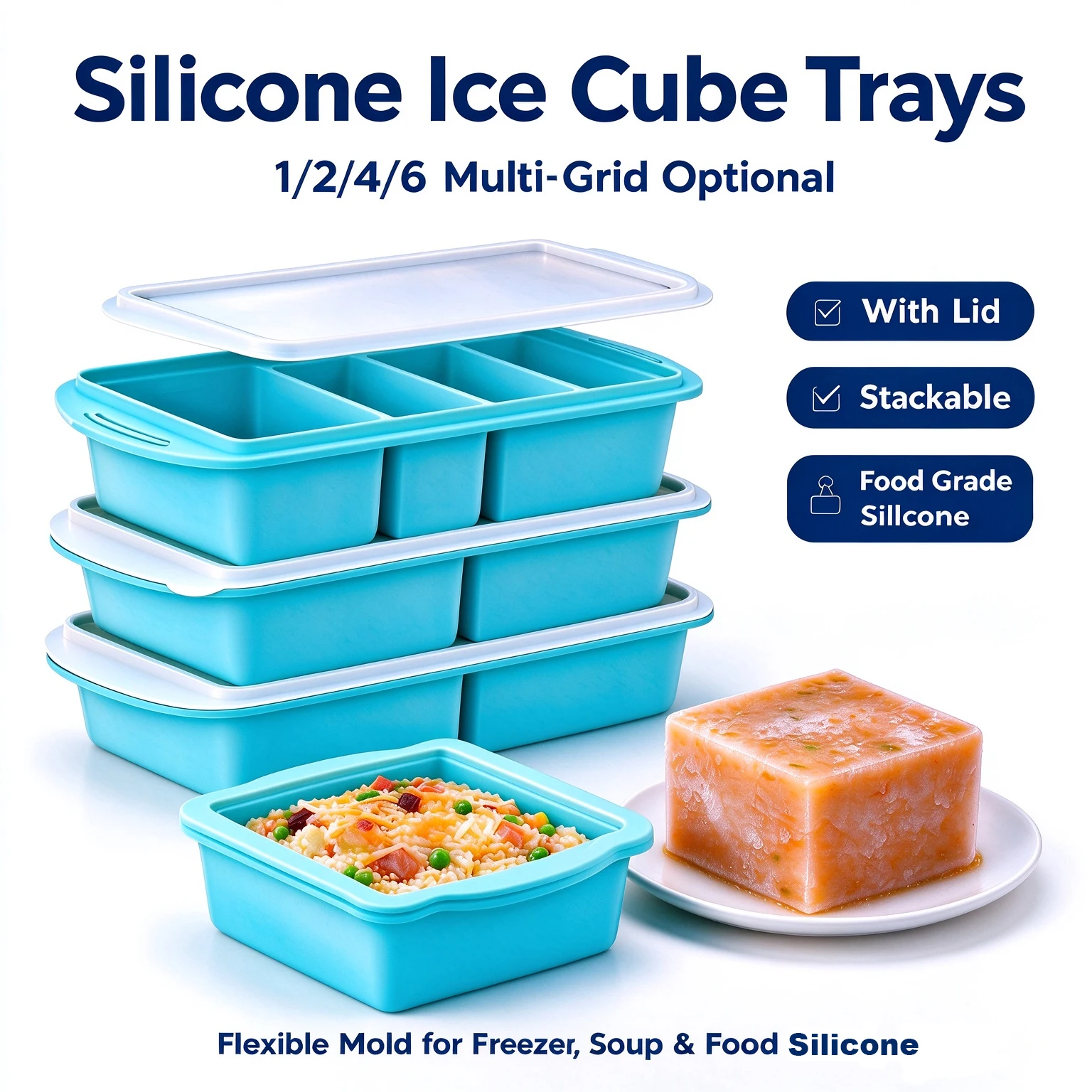 Silicone Freezer Tray with Lid 1/2/4/6 Grids Food Grade Ice Cube Trays Soup Freezing Mold Broth Freezer Container for Baby Food