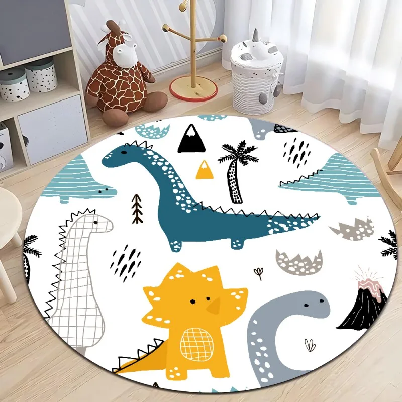 Cute Dinosaur Cartoon Round Rug, Soft Chenille Non-Slip Floor Mat for Kids Room, Living Room, Nursery, Washable Area Rug