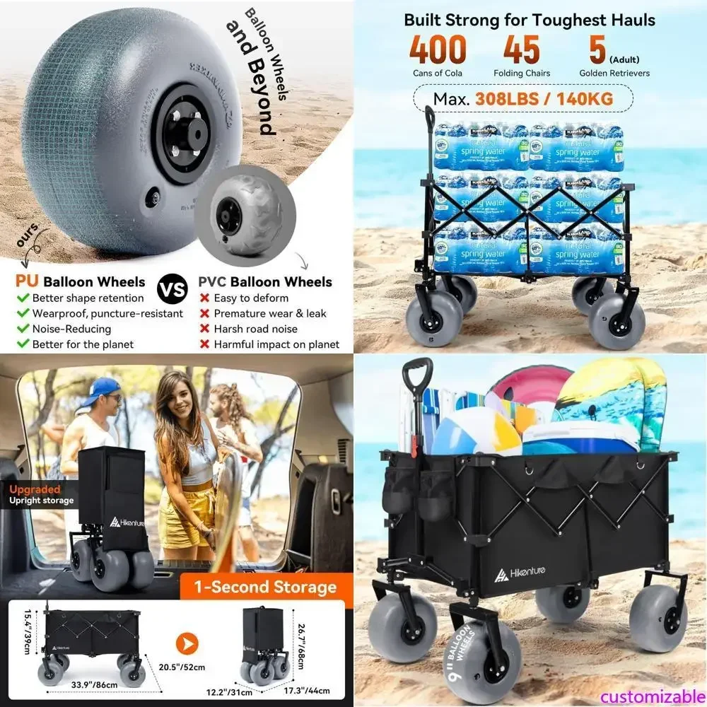 

Hot-sellingCollapsible Beach Wagon with 9 Balloon Tires, 308lbs Capacity Heavy-Duty Sand Cart