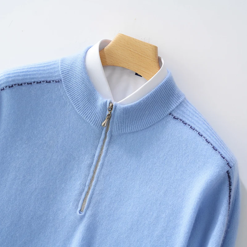 Autumn And Winter New 100% Pure Wool Zipper Sweater Men's Half-High-Necked Thick Relaxed Cashmere Sweater
