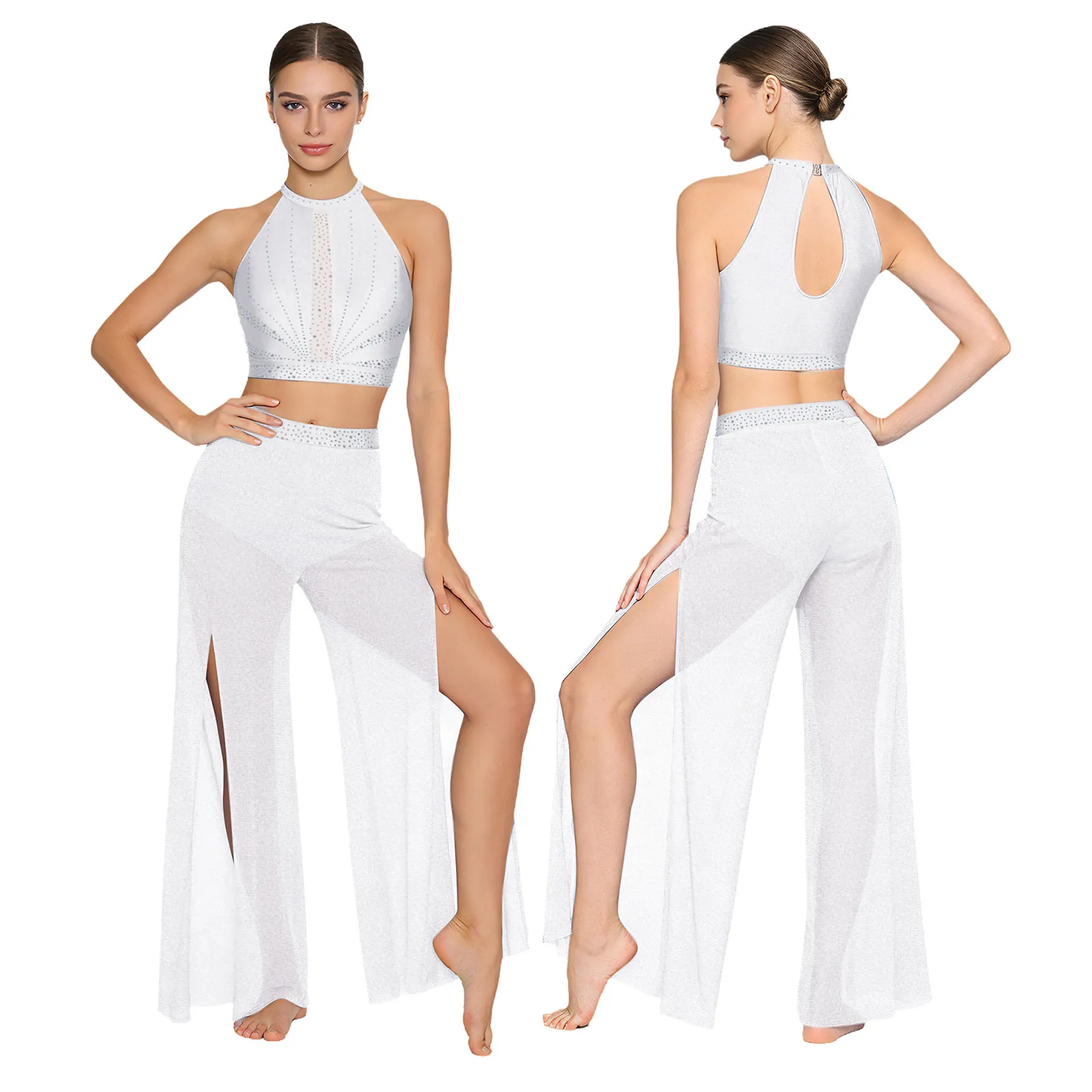 

Женский костюм для лирического и современного танца: блестящие стразы, топ без рукавов и сетчатые брюки, купальник для фигурного катания и балета