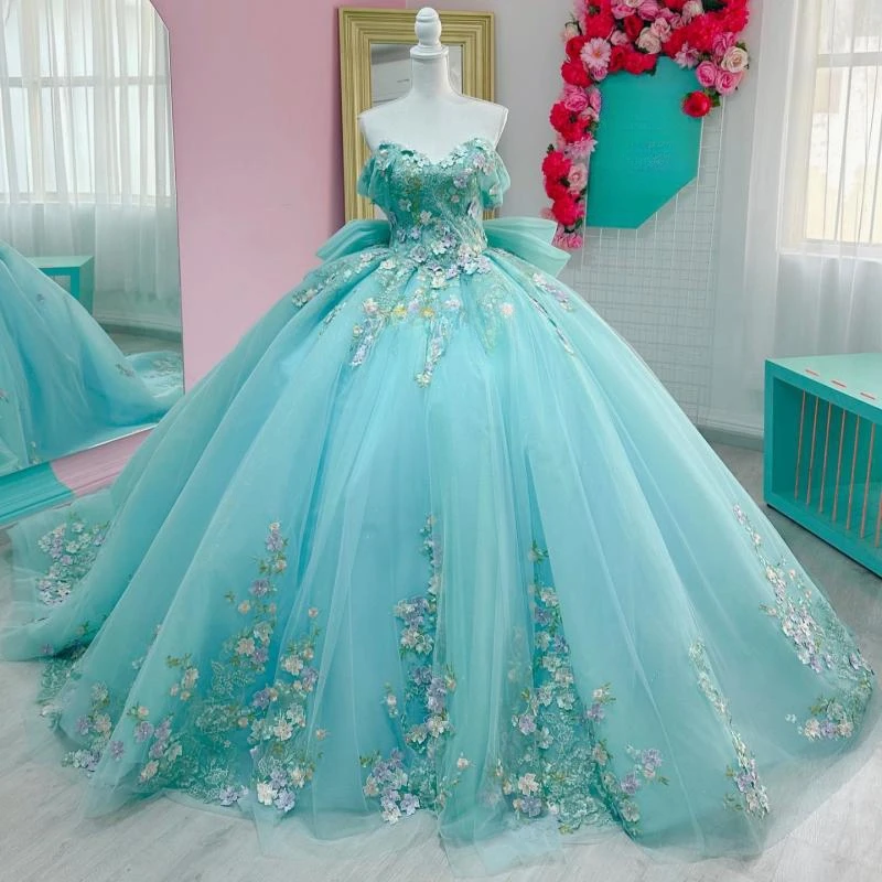 Water Blue Shiny Quinceanera Dresses Applique Lace Beading Bow Tull Court Train Off Shoulder Sweet 16 Dress Vestidos De 15 Anos