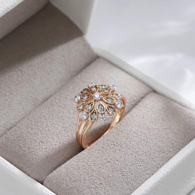 Kinel New Natural Zircon Crystal Flower Ring for Women 585 Rose Gold Color Fine Ethnic Bride Ring Vintage Wedding Jewelry