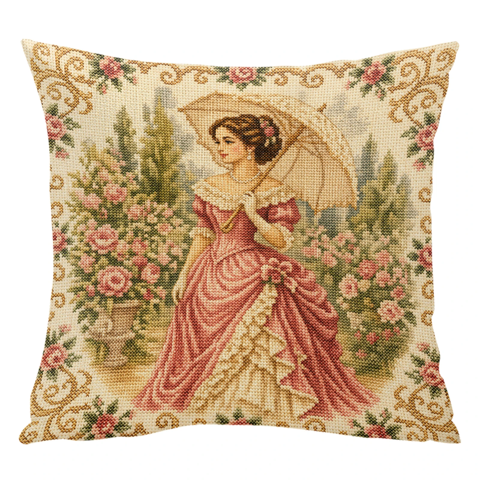 Stamped Cross Stitch Kit Victorian Girl 11CT 3-Strand Thread 45x45cm Zipper Pillow Cover Needlework Embroidery Kit