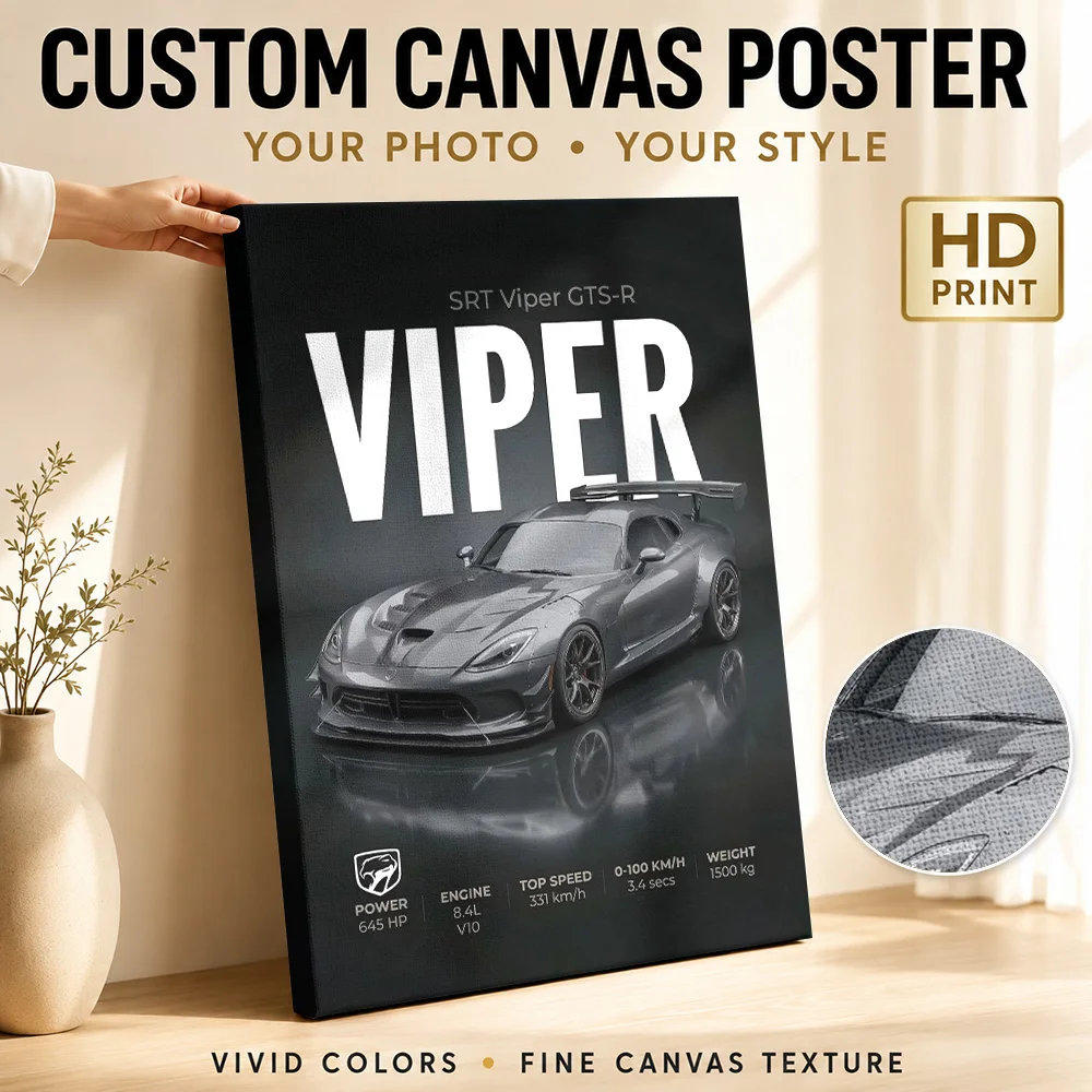 Car  Sports SRT Viper GTS-R Canvas Painting Poster Customized Photo Retro Automotive Canvas Wall Art for Garage Man Cave Decor
