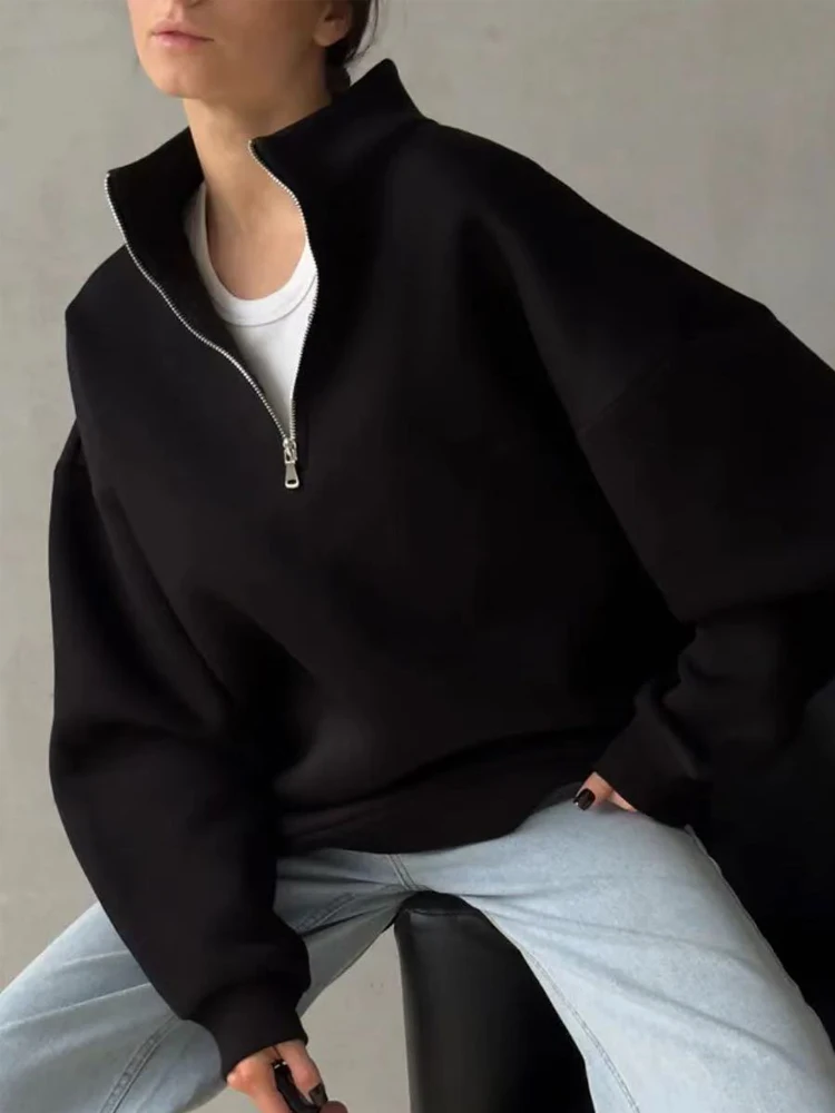 

Zadily женский негабаритный свитшот с половиной молнии, минималистичный свитшот с воротником-стойкой и длинными рукавами, повседневный осенний свободный пуловер 2025 г.