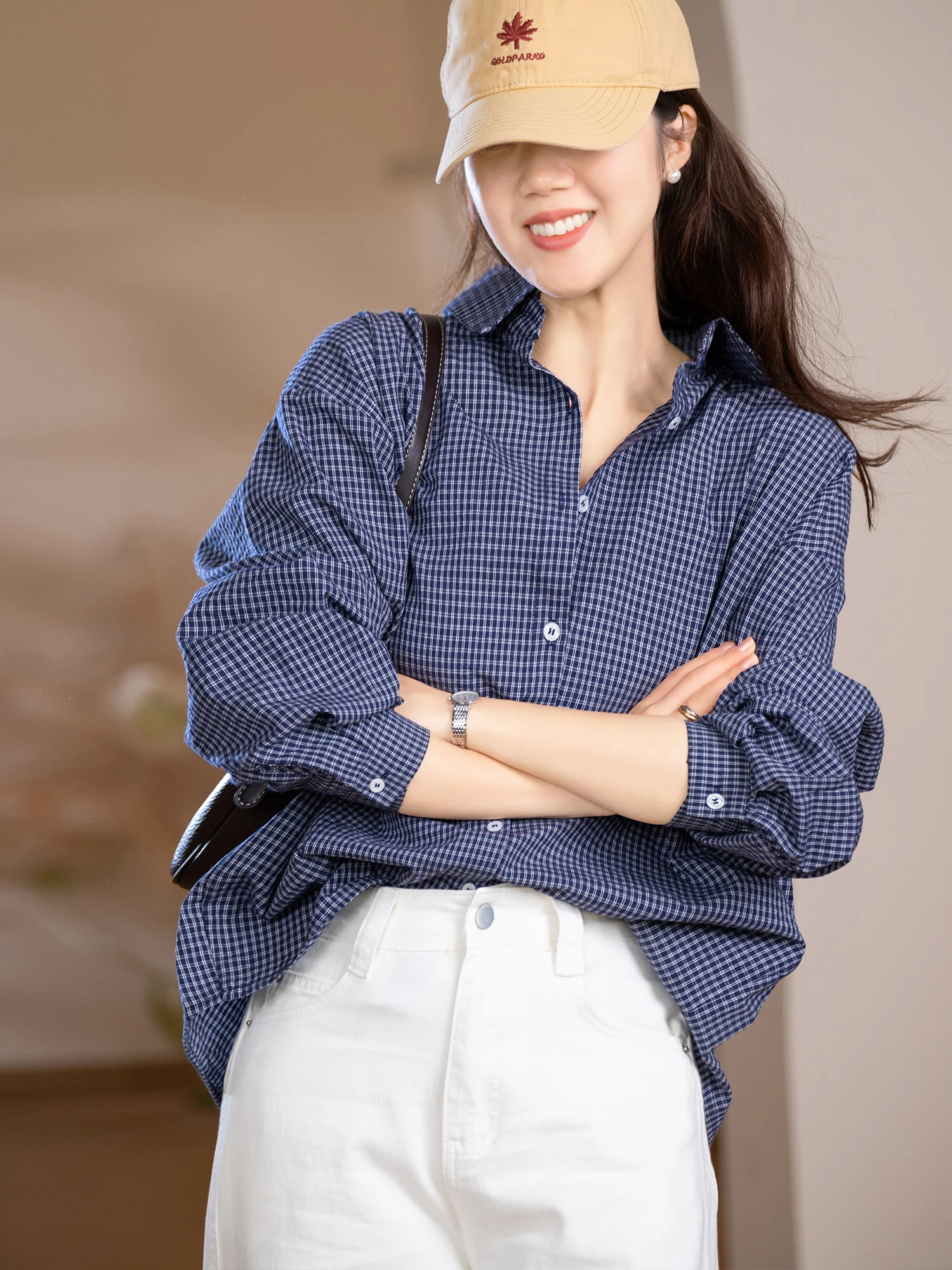

Korean Style Loose Fit Shirt Micro Flocking Color Woven Plaid Versatile Cotton Blend Long Sleeve Breathable Slimming Shirt