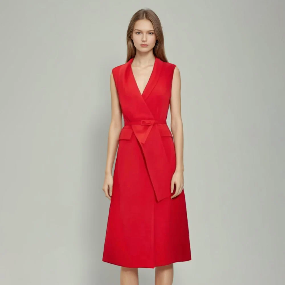 

Elegant Patchwork Belt Solid Dresses For Women V Neck Sleeveless High Waist Temperament Slimming Dress Female Fashion New