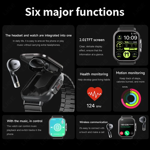 Imagen 2 del producto Reloj inteligente TWS 2 en 1 con auriculares, reloj deportivo con Bluetooth, reloj de llamada, Monitor de salud para hombres, auriculares inteligentes NFC para mujeres