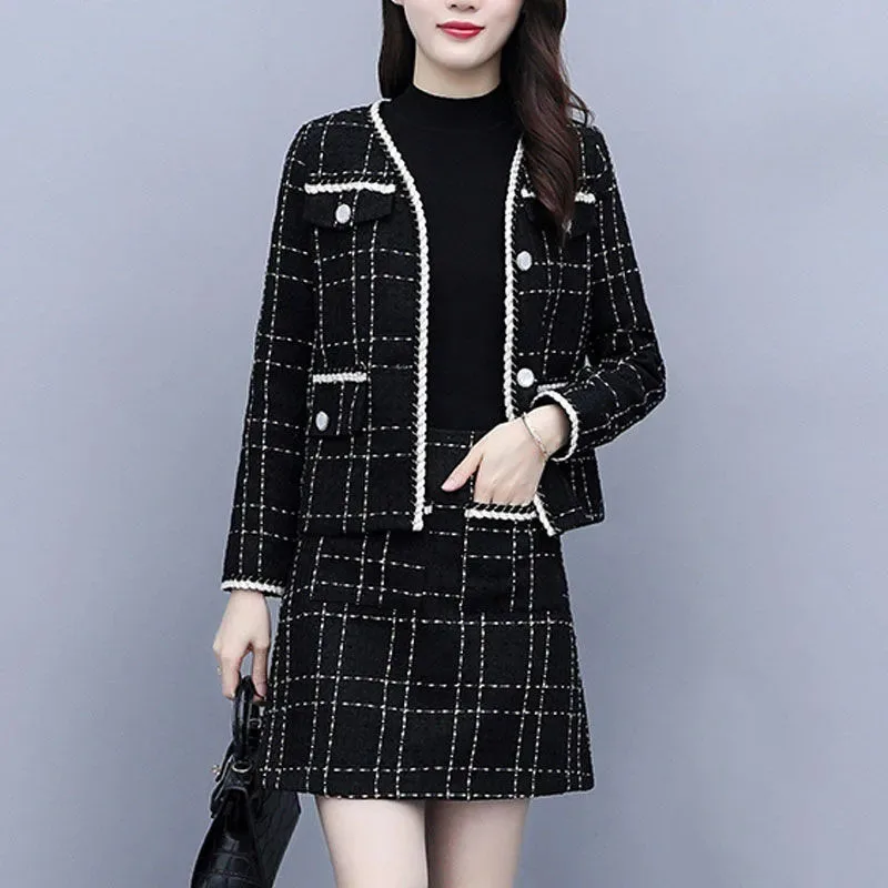 Women\'s Tweed Coat and Skirt Set, Oversized Female Dress Suit, Professional, Casual, Tide, Black, 5XL, New, Spring, Autumn