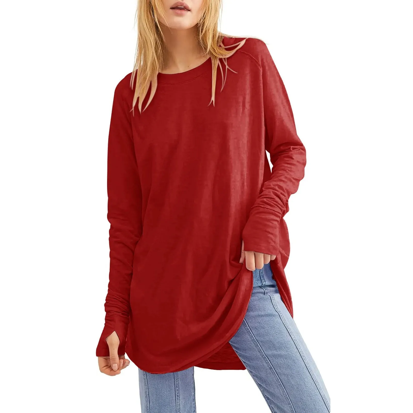 Women's Tops Long Sleeve Shirts for Women Loose Fashion Solid Color Stitching Round Neck Long Sleeved Drop Shoulders Sweater Top