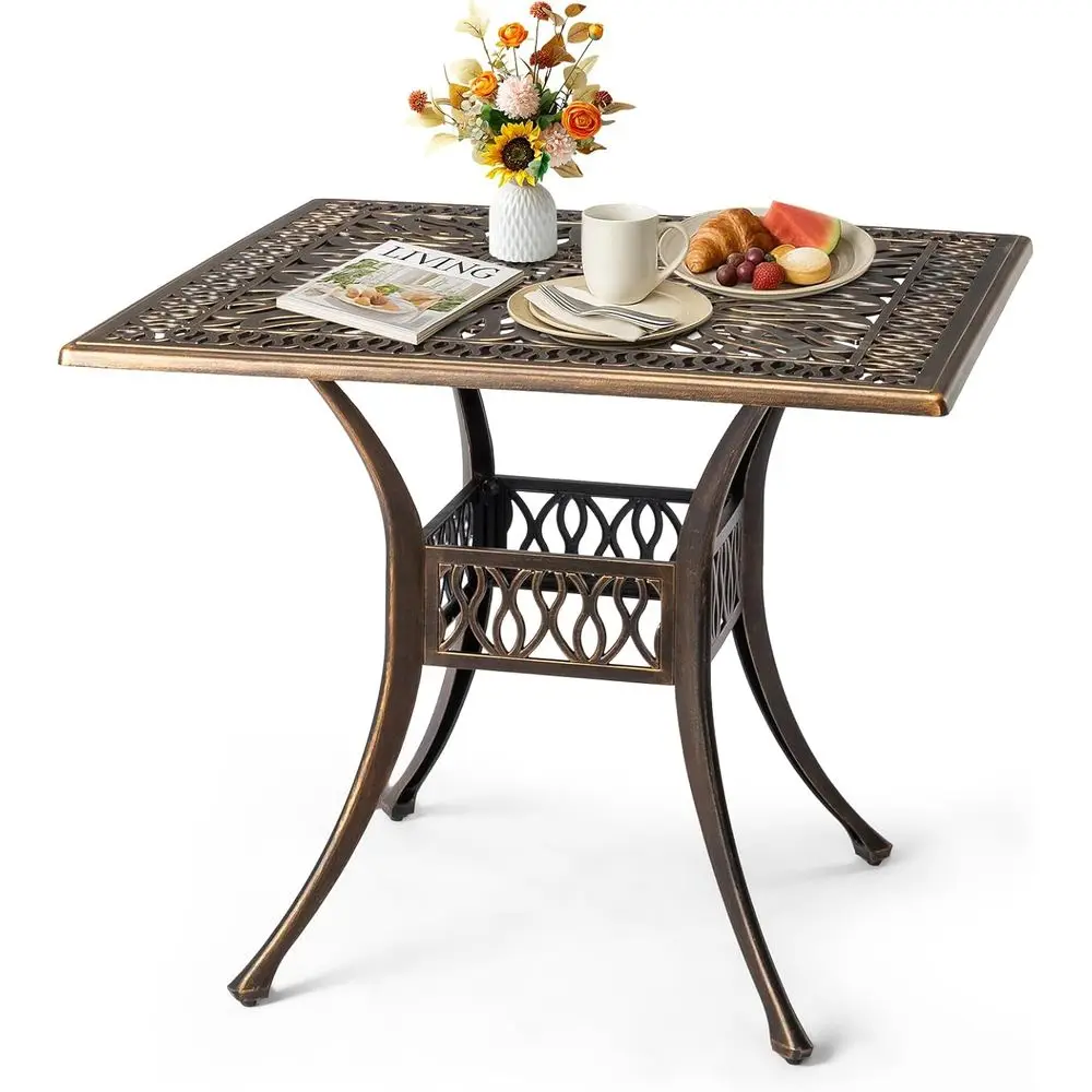 

Уличный бронзовый квадратный литой стол для бистро, 35,4 дюйма, с отверстием для зонта, подходит для патио, заднего двора, веранды, бассейна, балкона, террасы