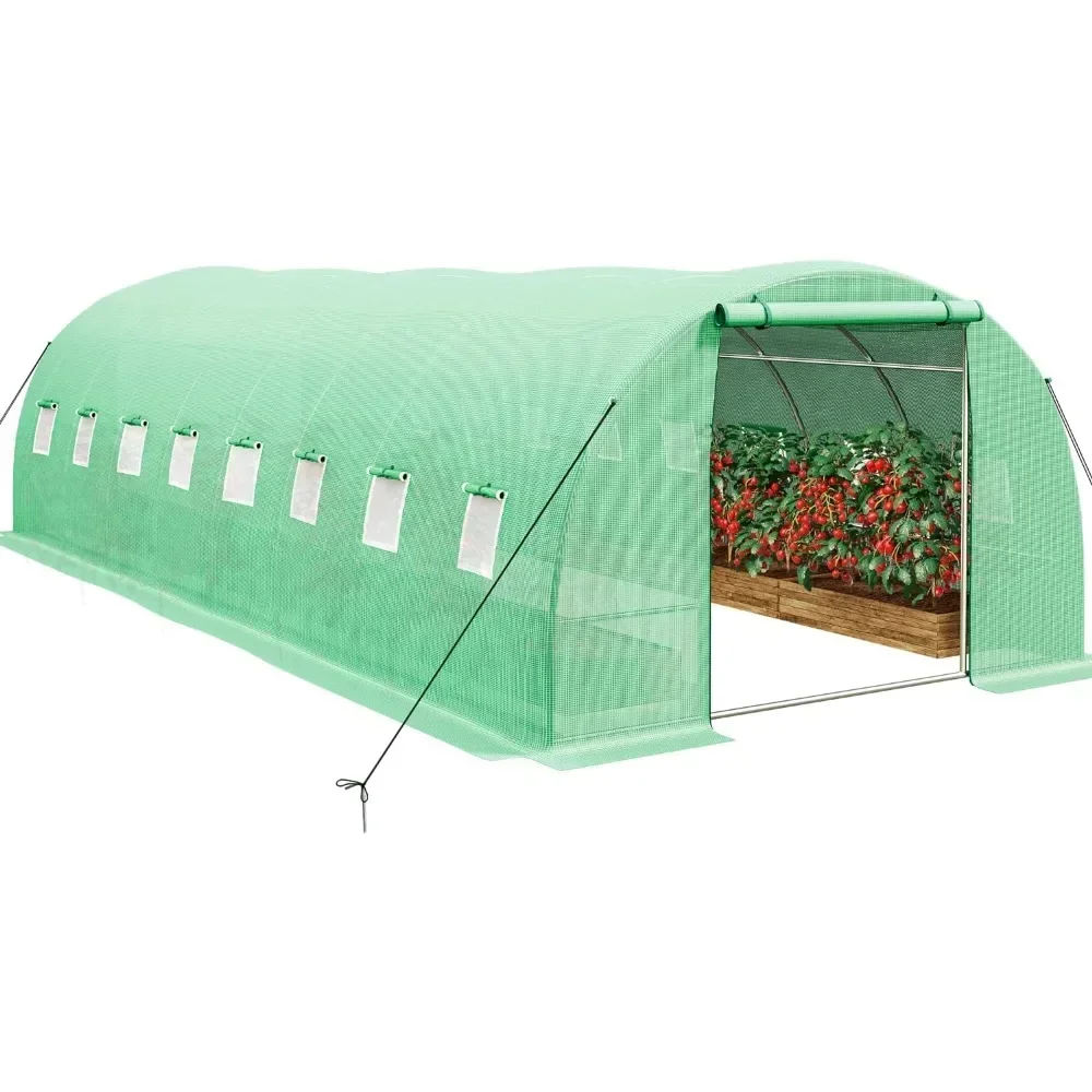 

Greenhouse, 26x10x7ft Walk in Tunnel Plant Gardening Galvanized Steel Frame Ropes Zipper Doors 9 Crossbars Garden, Green House