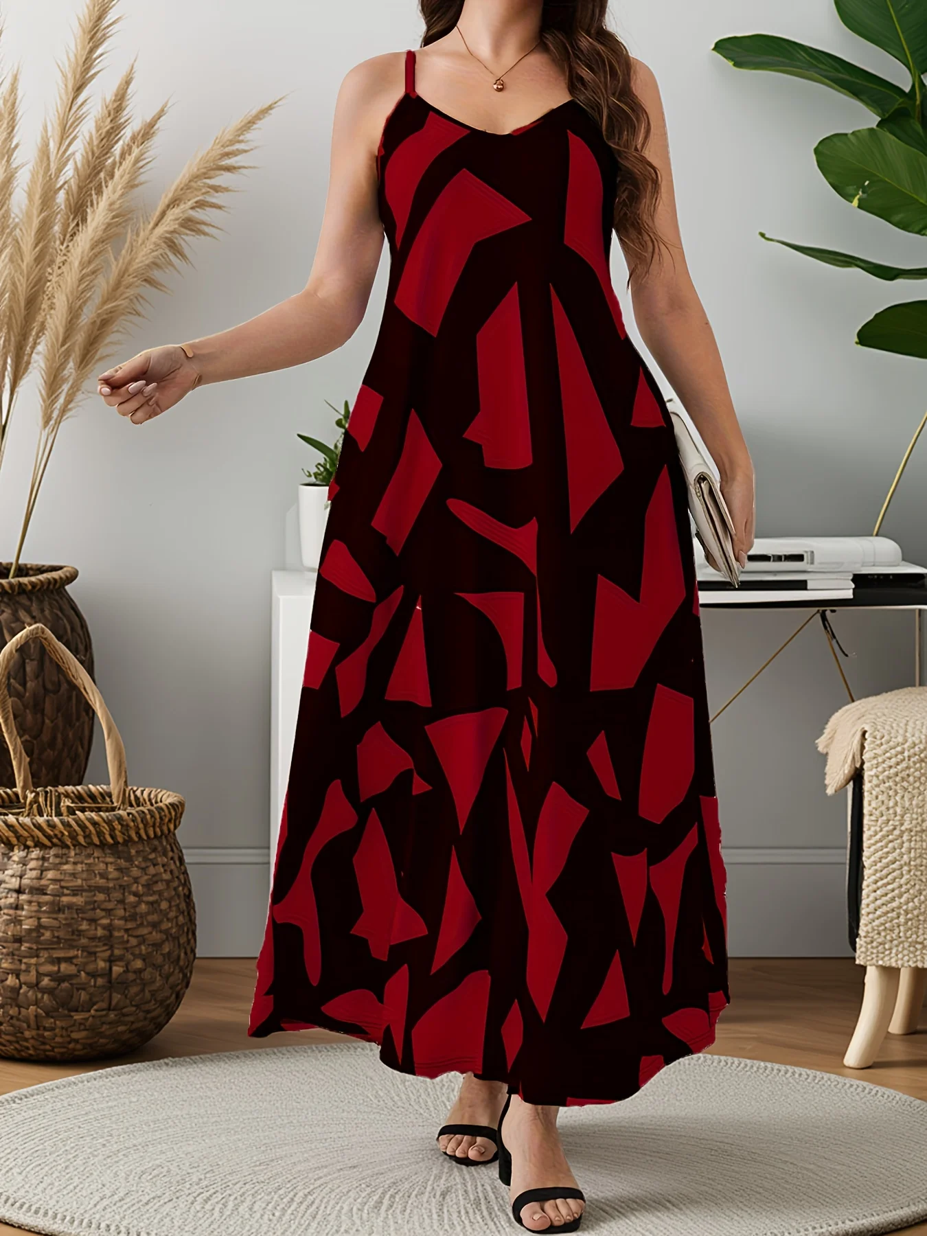 فستان نسائي أنيق بطباعة هندسية مقاس كبير، مزيج بوليستر مرن، قابل للغسل في الغسالة - أنيق كاجوال باللونين الأبيض والأسود، فستان أنيق مقاس كبير #1