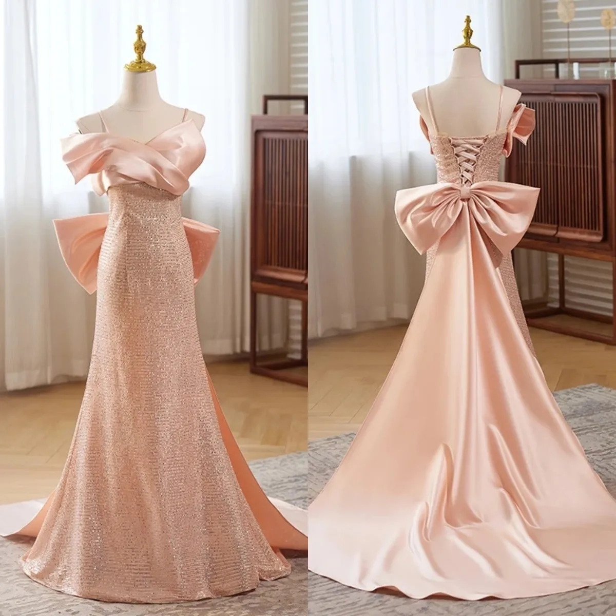 Evening Dress Pink Sequins Sgaphetti Straps Lace up Bow Floor-Length Mermaid Plus size Trumpet Women Party Formal Gown B2800