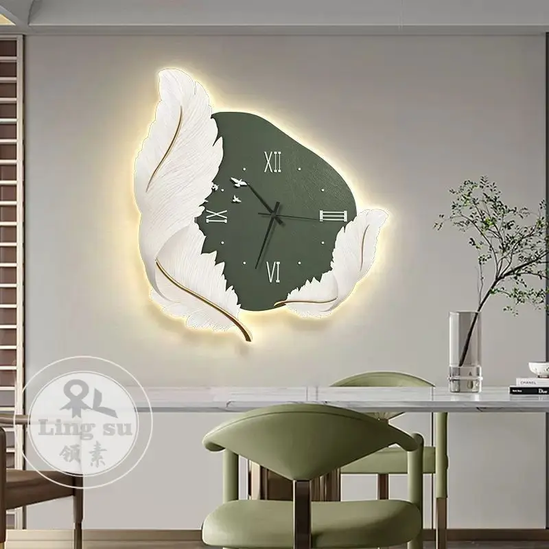 Luxury Room Decorative Wall Clock Painting Feather Led Ornaments Modern Simple Living Room Art Aesthetic Watch Accessories