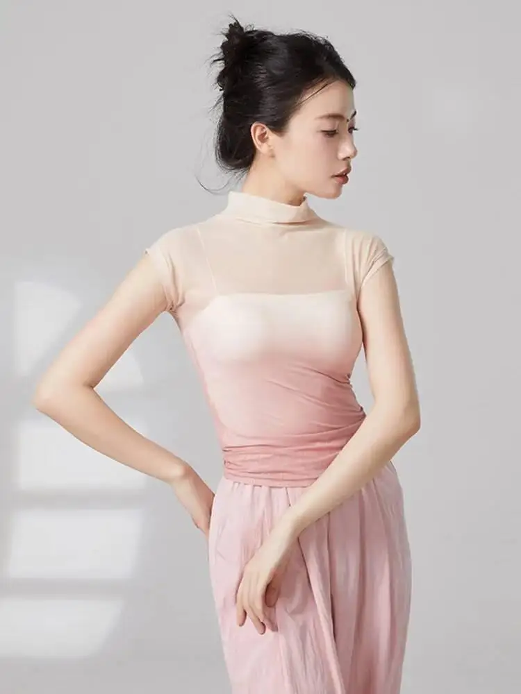 Manga curta gradiente malha dança topo gola alta ver através blusa para mulheres jazz contemporâneo palco prática roupas