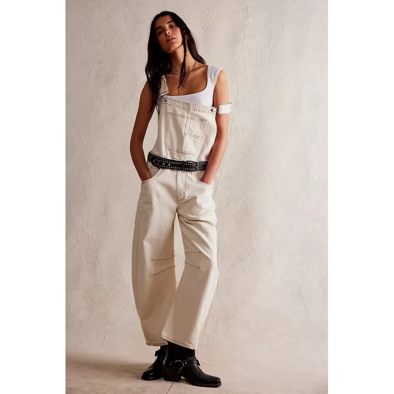 Street Style Nieuwe Gewassen Retro Loose Fit Herfst Winter Rechte Dames Cargo Jeans Met Bandjes Lange Broek Dames