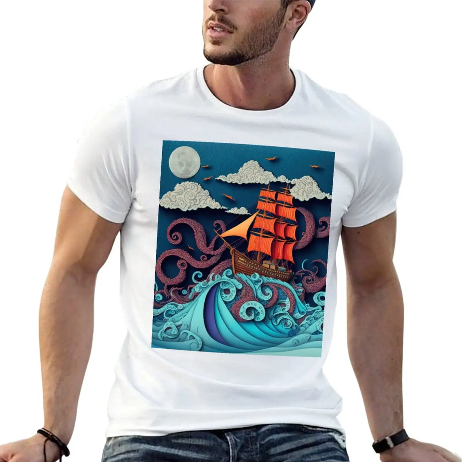 Vintage Kraken Attacking Ship illustration T-Shirt Breathable Sportswear T-Shirt for Men