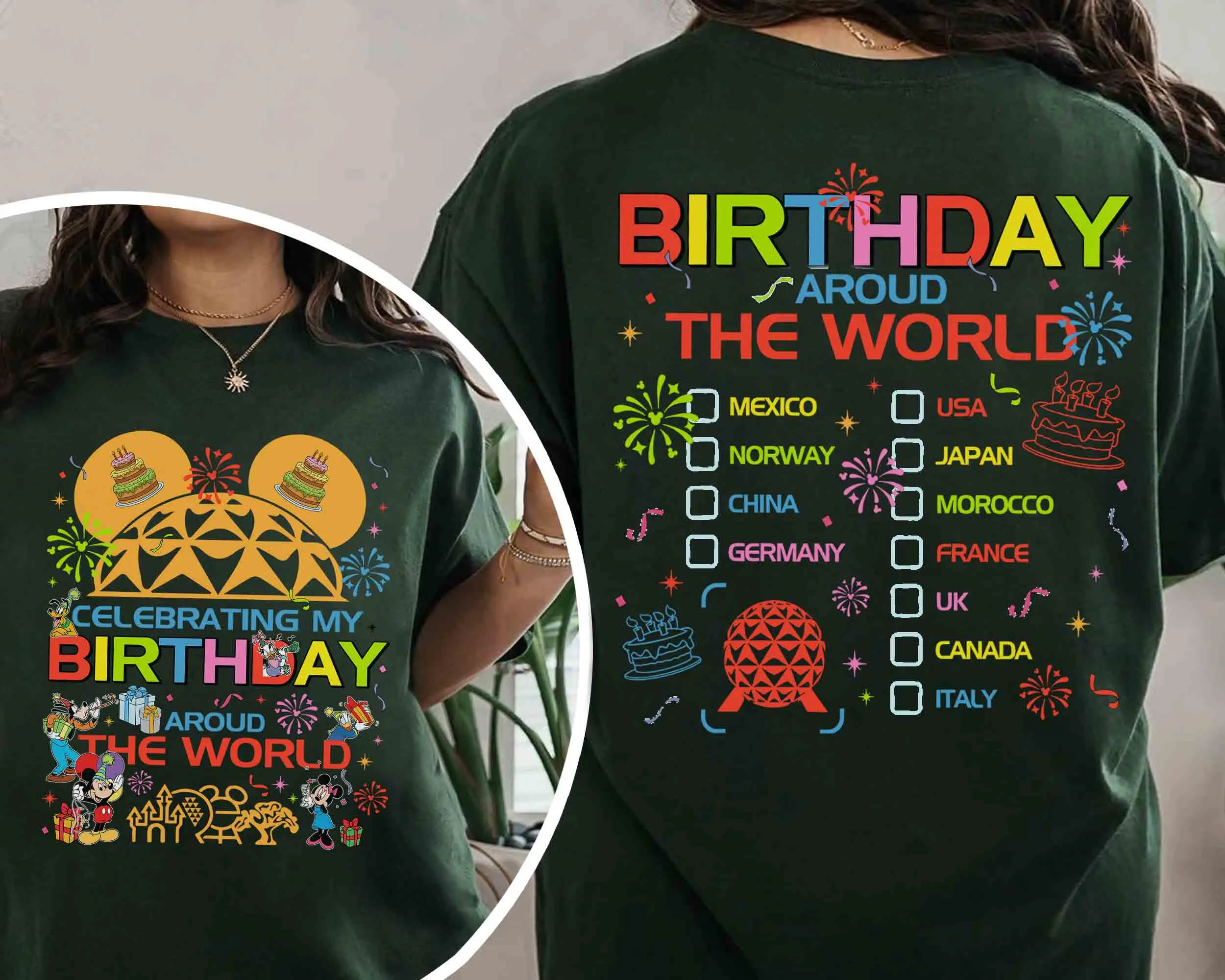 شخصية 2-الجانبين للاحتفال بعيد ميلادي حول العالم قميص Epcot عيد ميلاد قميص تي شيرت ديزني لاند رحلة هدية #2