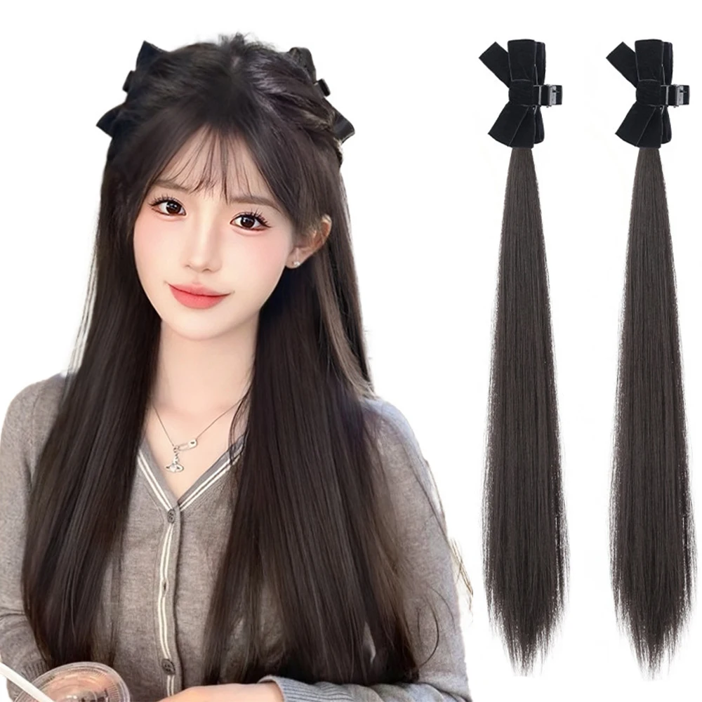 

2pcs 18inch Synthetic Claw Clip Ponytail Extension Straight Hairpiece with Bow Fake Hair for Women Girls Daily Party Cosplay