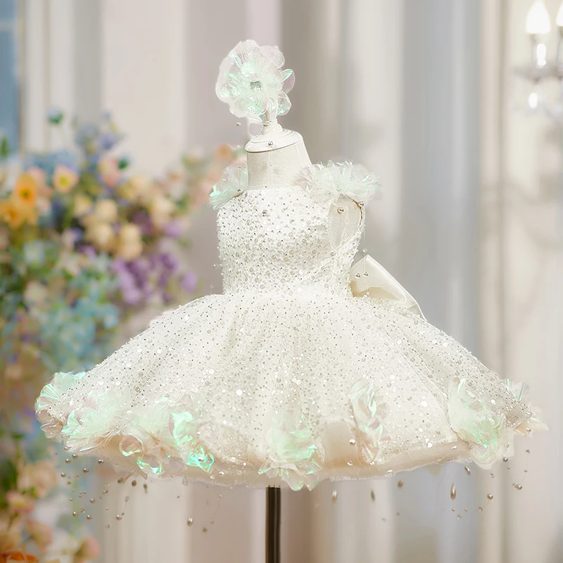 Pearl Flower Dress Children's Princess Dress European and American Style Sequin Pearl Flower Girls Party Playing White Dress