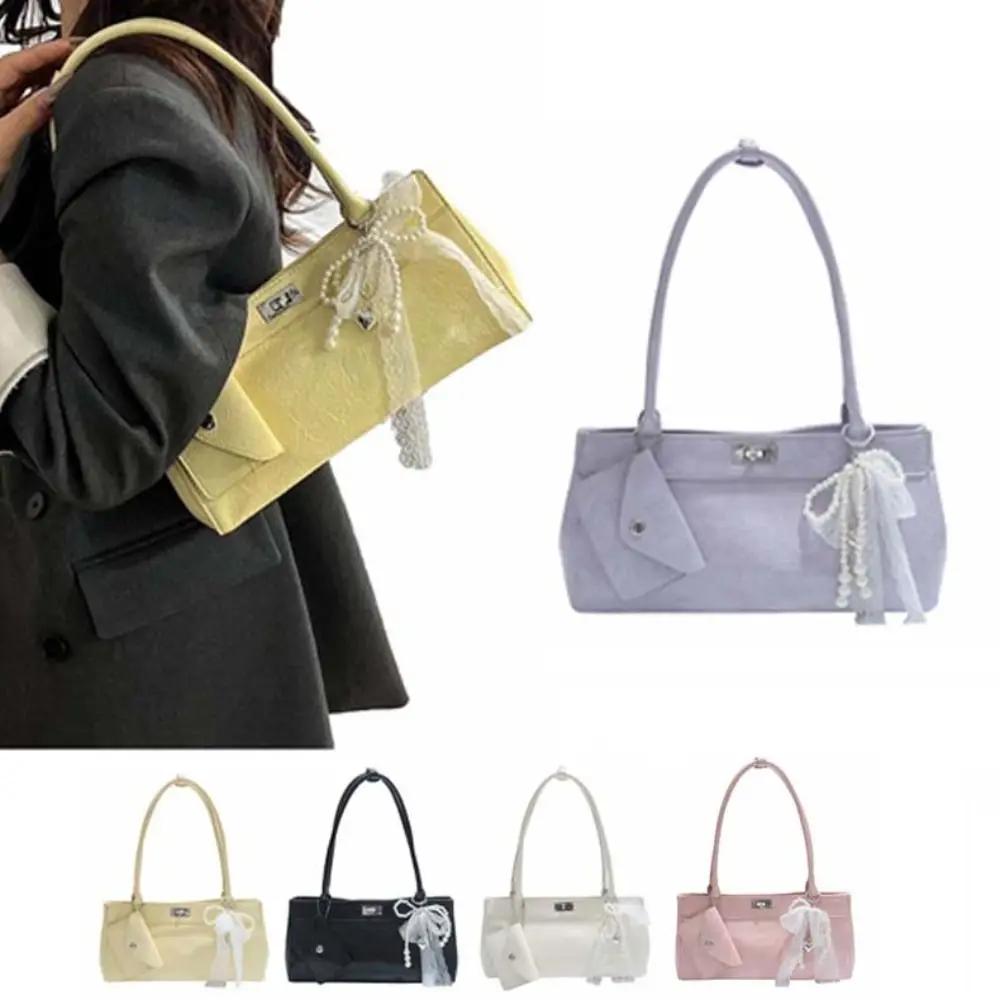 

All-match Sweet French Stick Handbag Bow Ribbon Hanging Pouch PU Shoulder Bag Large Capacity Lace Texture Underarm Bags Work