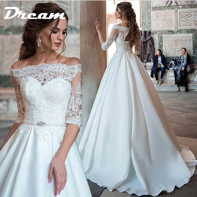 DREAM Customized Princess Wedding Dresses Satin Lace Off The Shoulder Bride Dresses Lace Up Back Bride Gown Vestido De Novia